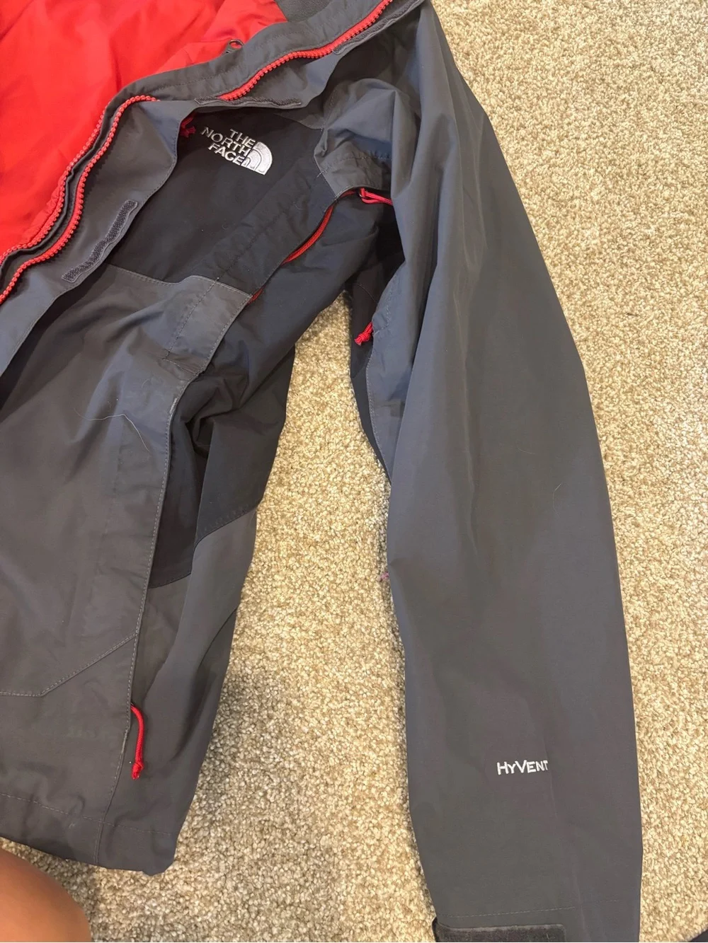 The North Face Men's Gray and Black Raincoat with Red Accents